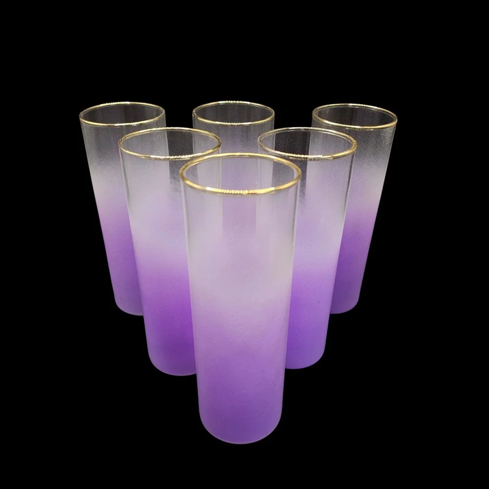 Vintage Blendo Frosted Ombre Purple‎ Pitcher & 6 Tumblers Gold Rim Barware Set